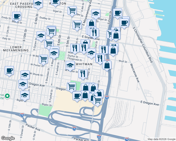 map of restaurants, bars, coffee shops, grocery stores, and more near 228 West Ritner Street in Philadelphia