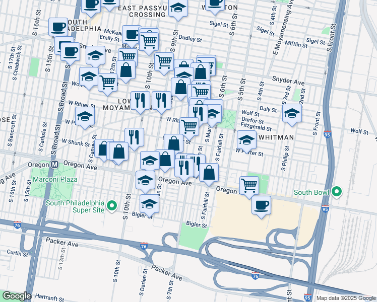 map of restaurants, bars, coffee shops, grocery stores, and more near 730 West Porter Street in Philadelphia