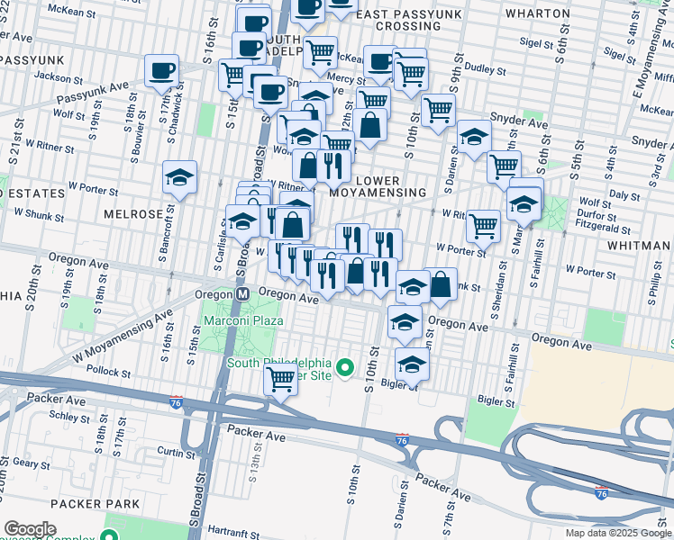 map of restaurants, bars, coffee shops, grocery stores, and more near 2537 South Sartain Street in Philadelphia