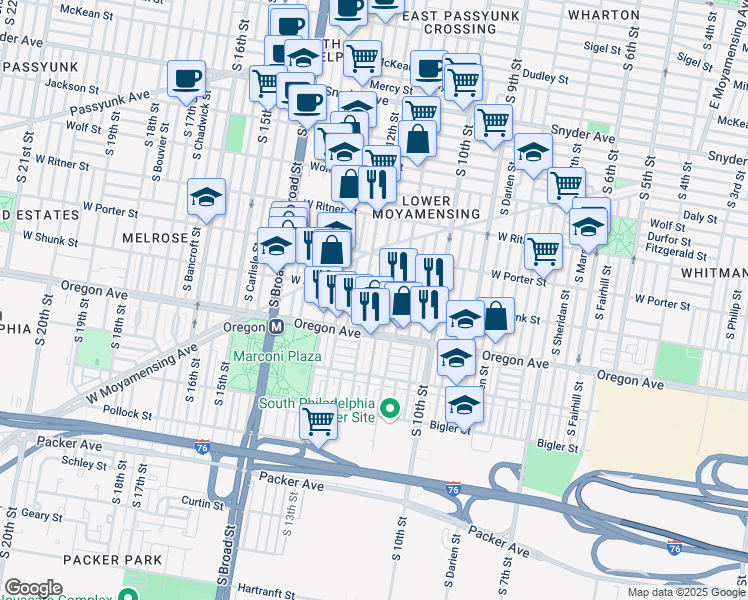 map of restaurants, bars, coffee shops, grocery stores, and more near 2539 South Sartain Street in Philadelphia