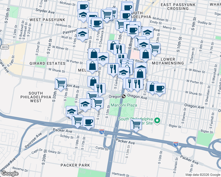map of restaurants, bars, coffee shops, grocery stores, and more near 2612 South Carlisle Street in Philadelphia