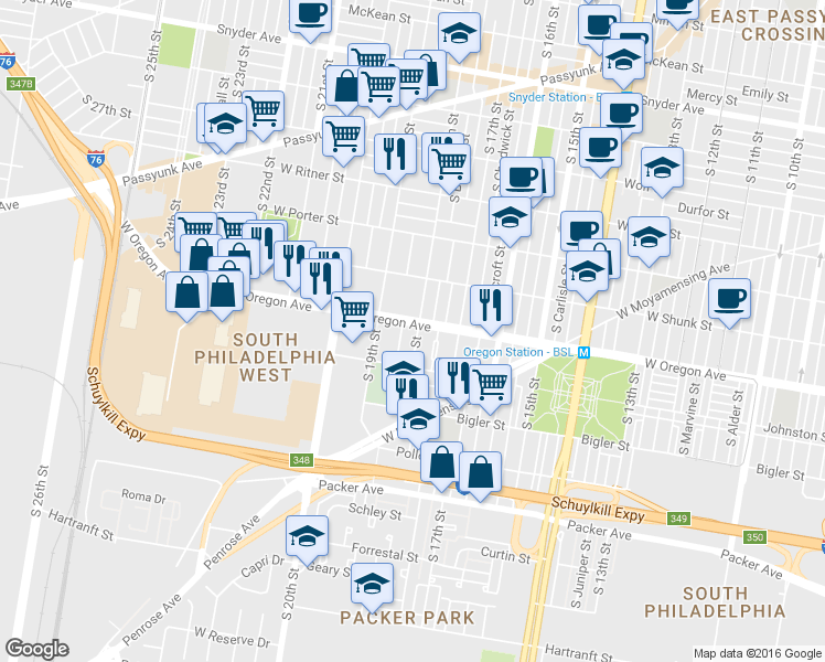 map of restaurants, bars, coffee shops, grocery stores, and more near 1815-23 West Oregon Avenue in Philadelphia