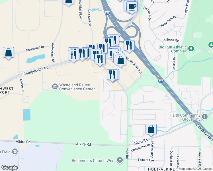 map of restaurants, bars, coffee shops, grocery stores, and more near 1699 Berrancher Drive in Columbus