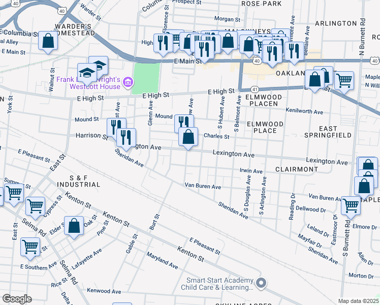map of restaurants, bars, coffee shops, grocery stores, and more near 366 Ludlow Avenue in Springfield