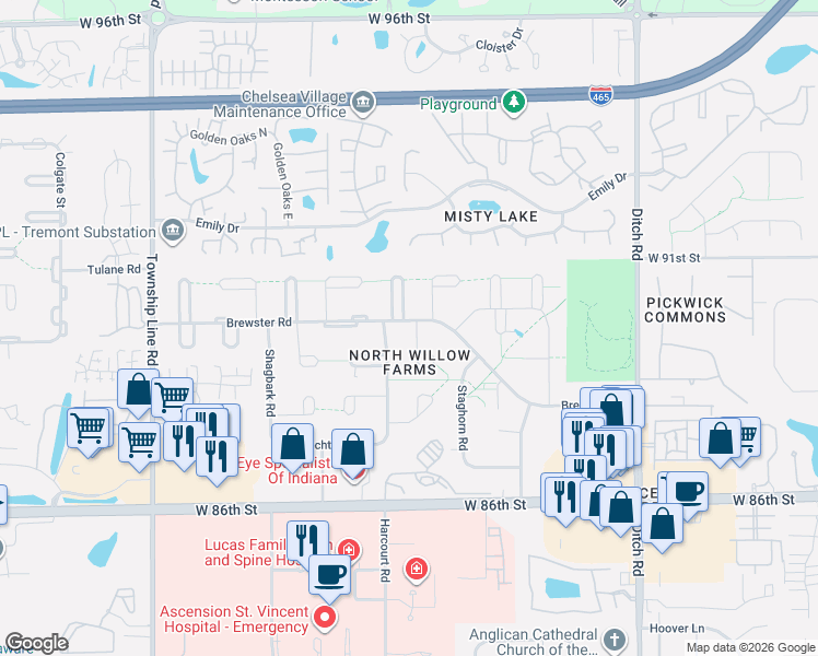 map of restaurants, bars, coffee shops, grocery stores, and more near 1840 Brewster Road in Indianapolis