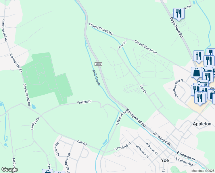 map of restaurants, bars, coffee shops, grocery stores, and more near 3005 Springwood Road in Dallastown