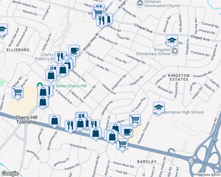 map of restaurants, bars, coffee shops, grocery stores, and more near 916 Edgemoor Road in Cherry Hill