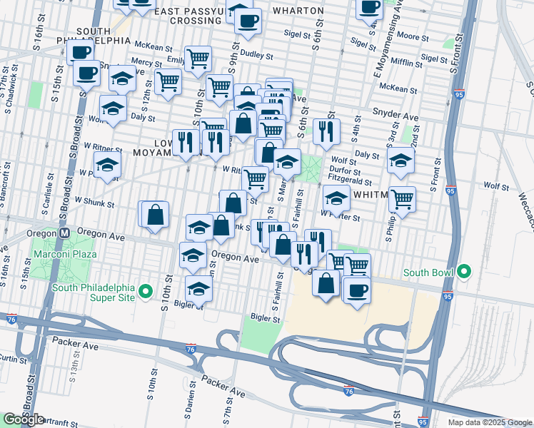 map of restaurants, bars, coffee shops, grocery stores, and more near 2520 South Sheridan Street in Philadelphia