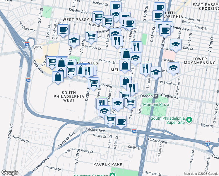 map of restaurants, bars, coffee shops, grocery stores, and more near 1815-23 West Oregon Avenue in Philadelphia
