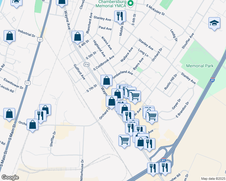map of restaurants, bars, coffee shops, grocery stores, and more near 787 Meadowbrook Lane in Chambersburg
