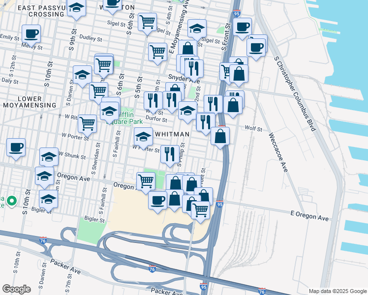 map of restaurants, bars, coffee shops, grocery stores, and more near 2435 South Philip Street in Philadelphia
