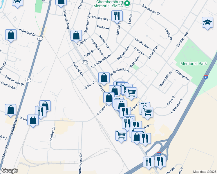 map of restaurants, bars, coffee shops, grocery stores, and more near 766 Meadowbrook Lane in Chambersburg