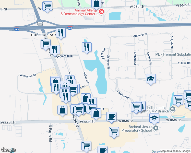 map of restaurants, bars, coffee shops, grocery stores, and more near 8909 Purdue Road in Indianapolis