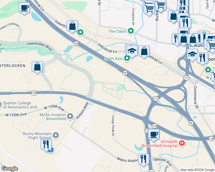 map of restaurants, bars, coffee shops, grocery stores, and more near 115 Edgeview Drive in Broomfield