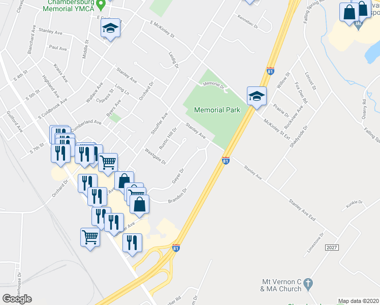 map of restaurants, bars, coffee shops, grocery stores, and more near 875 Geyer Drive in Chambersburg