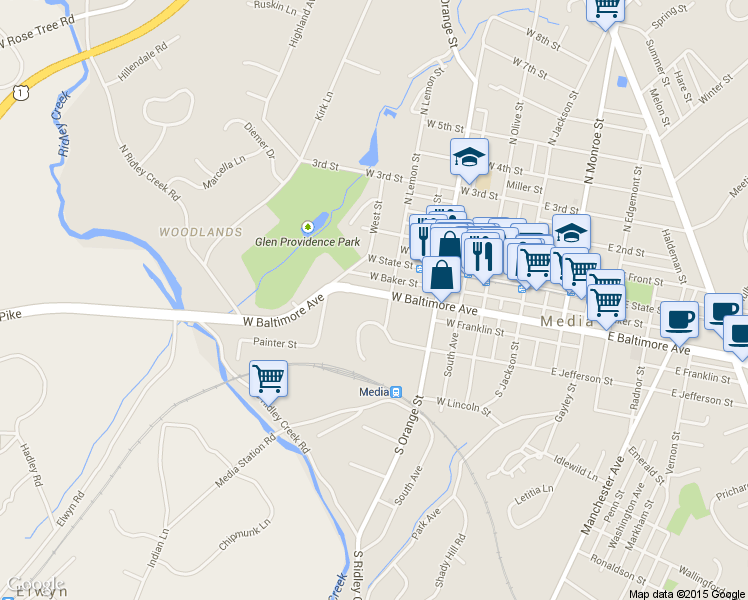 map of restaurants, bars, coffee shops, grocery stores, and more near 415 West Baltimore Avenue in Media