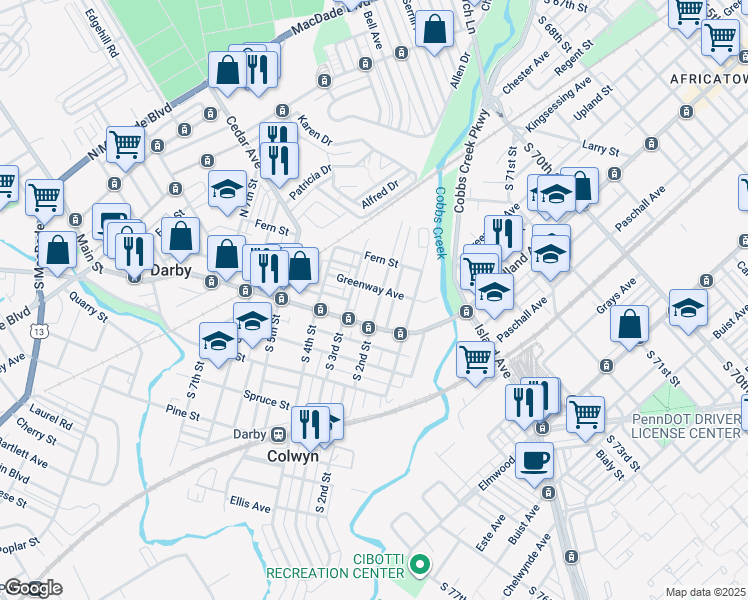 map of restaurants, bars, coffee shops, grocery stores, and more near 14 North 2nd Street in Darby