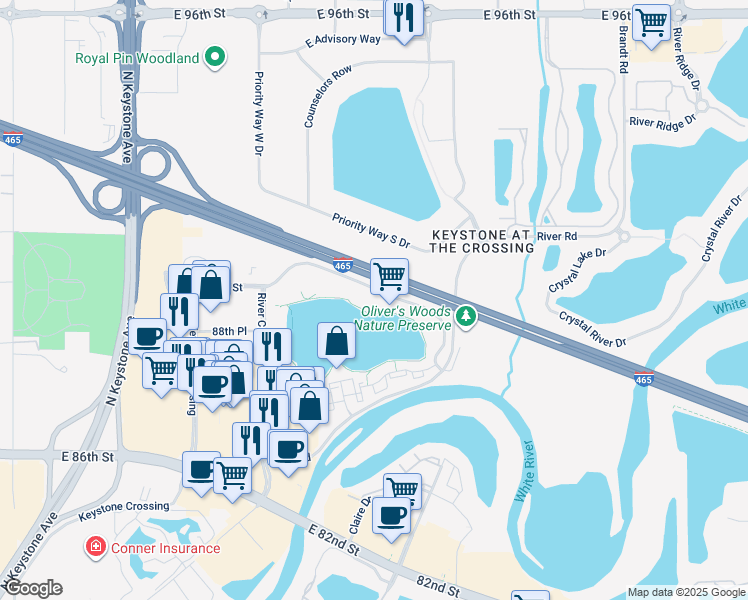 map of restaurants, bars, coffee shops, grocery stores, and more near 3815 River Crossing Parkway in Indianapolis