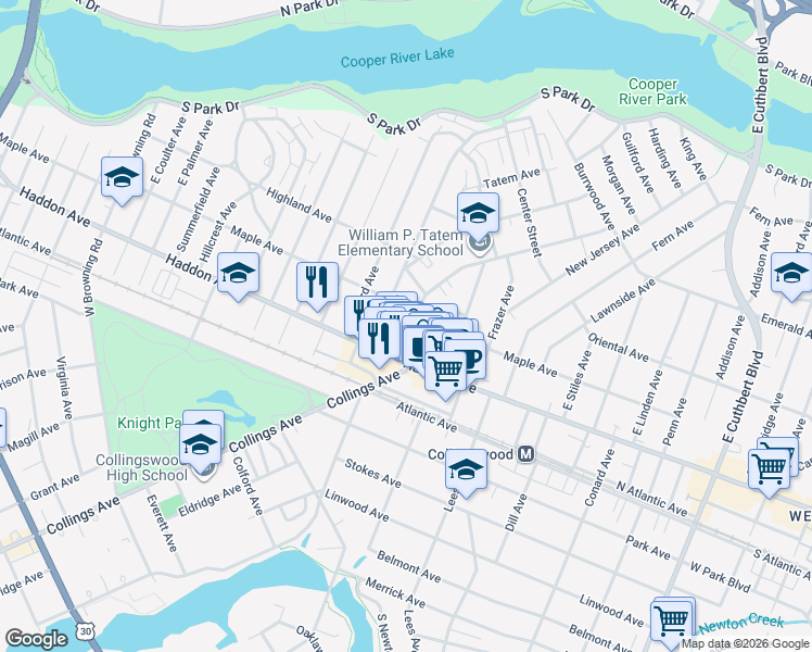 map of restaurants, bars, coffee shops, grocery stores, and more near 107 Lincoln Avenue in Collingswood