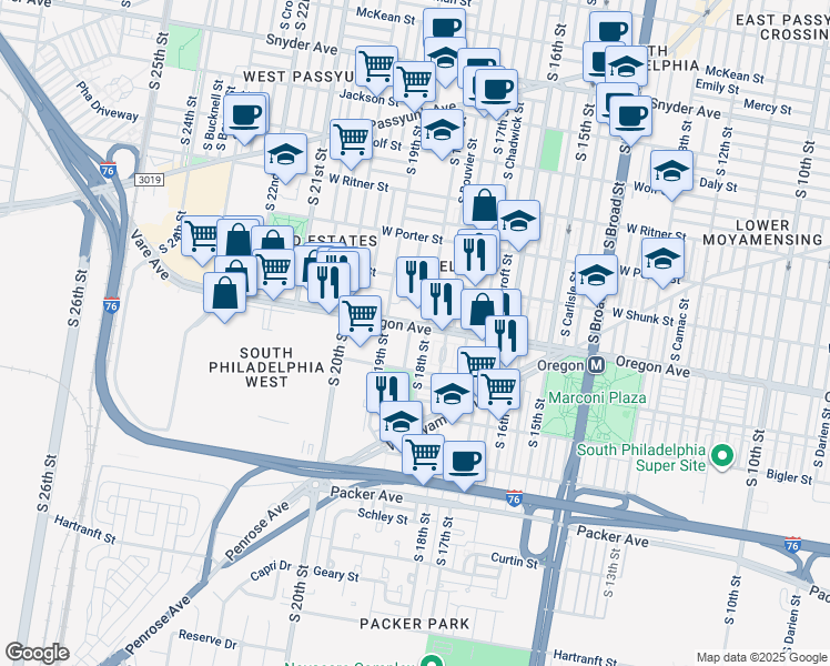 map of restaurants, bars, coffee shops, grocery stores, and more near 2703 South Cleveland Street in Philadelphia