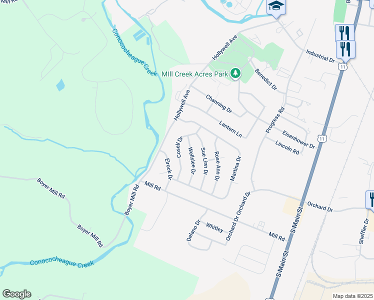 map of restaurants, bars, coffee shops, grocery stores, and more near 339 Wellslee Drive in Chambersburg