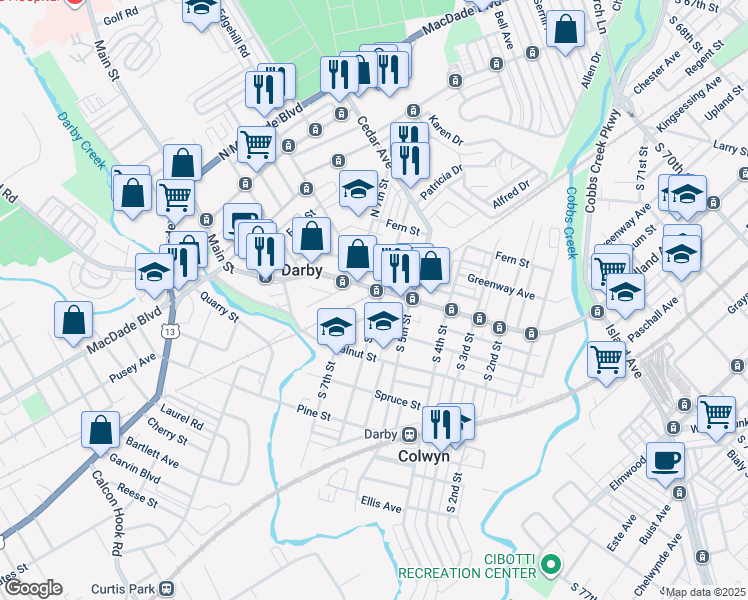 map of restaurants, bars, coffee shops, grocery stores, and more near 10 South 6th Street in Darby