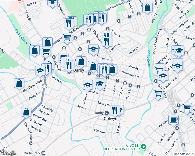 map of restaurants, bars, coffee shops, grocery stores, and more near 640 Main Street in Darby