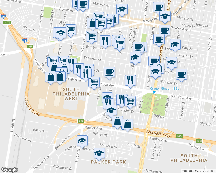 map of restaurants, bars, coffee shops, grocery stores, and more near 2703 South Cleveland Street in Philadelphia
