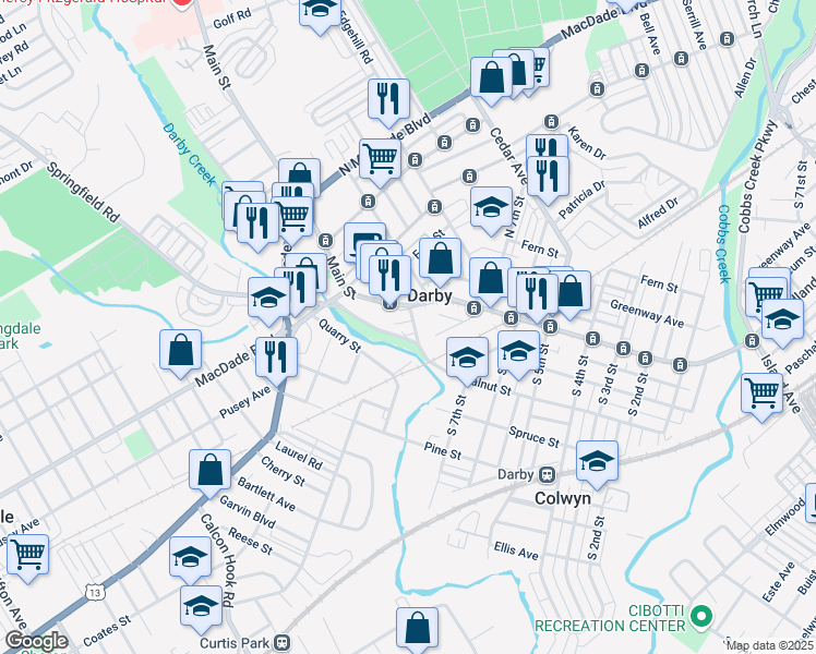 map of restaurants, bars, coffee shops, grocery stores, and more near in Darby
