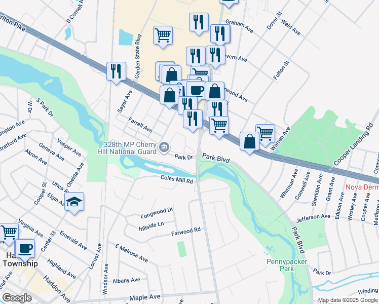 map of restaurants, bars, coffee shops, grocery stores, and more near 418 Park Place Drive in Cherry Hill