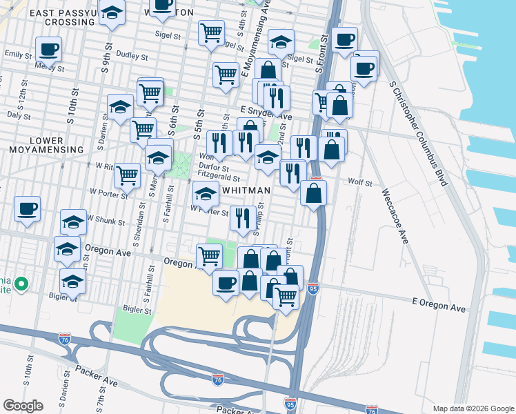 map of restaurants, bars, coffee shops, grocery stores, and more near 228 West Ritner Street in Philadelphia