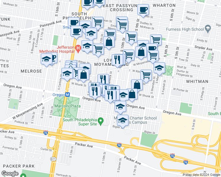 map of restaurants, bars, coffee shops, grocery stores, and more near 2527 South Warnock Street in Philadelphia