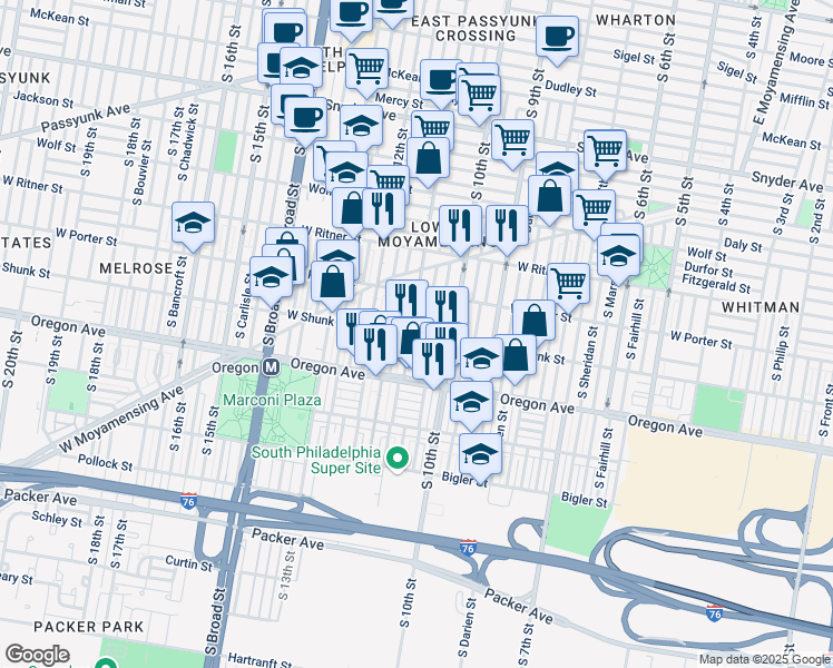 map of restaurants, bars, coffee shops, grocery stores, and more near 2527 South Warnock Street in Philadelphia