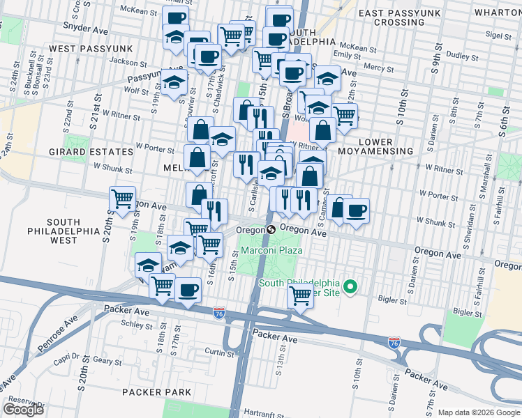 map of restaurants, bars, coffee shops, grocery stores, and more near 2612 South Carlisle Street in Philadelphia