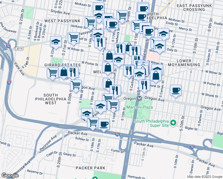 map of restaurants, bars, coffee shops, grocery stores, and more near 2628 South Chadwick Street in Philadelphia