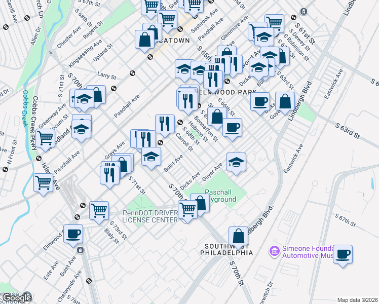 map of restaurants, bars, coffee shops, grocery stores, and more near 2548 Carroll Street in Philadelphia