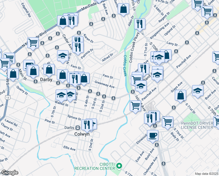 map of restaurants, bars, coffee shops, grocery stores, and more near 201 Greenway Avenue in Darby