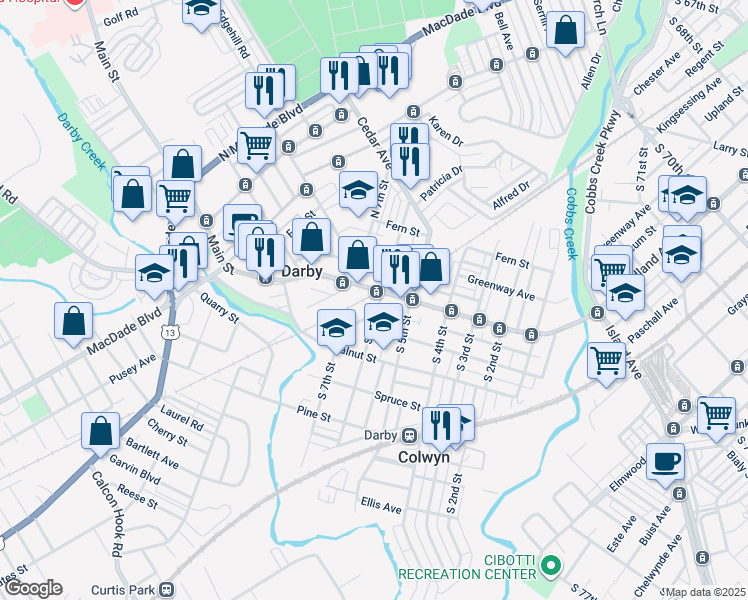 map of restaurants, bars, coffee shops, grocery stores, and more near 10 South 6th Street in Darby