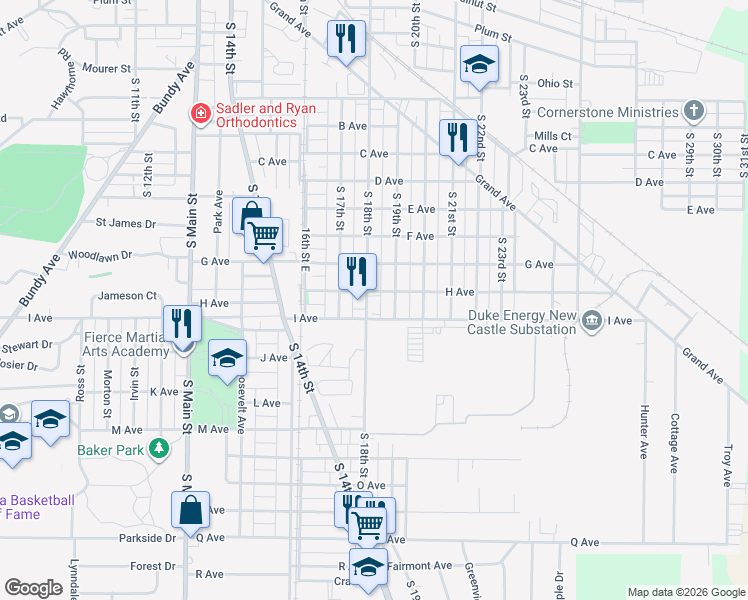 map of restaurants, bars, coffee shops, grocery stores, and more near 1423 S 18th St in New Castle