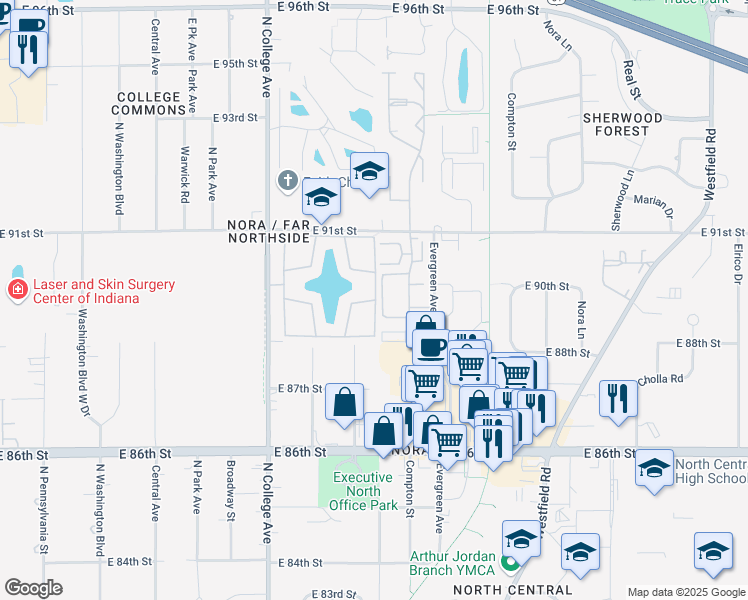 map of restaurants, bars, coffee shops, grocery stores, and more near 900-1098 Lake Nora N Ct in Indianapolis