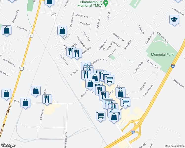 map of restaurants, bars, coffee shops, grocery stores, and more near 795 Meadowbrook Lane in Chambersburg