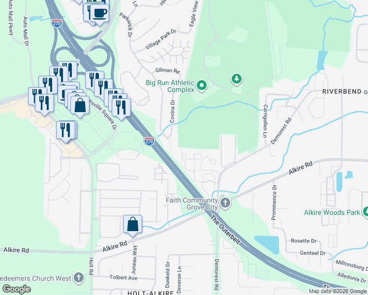 map of restaurants, bars, coffee shops, grocery stores, and more near 4254 Brackenwood Trail in Columbus