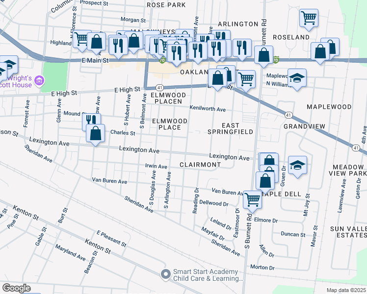 map of restaurants, bars, coffee shops, grocery stores, and more near 367 South Clairmont Avenue in Springfield