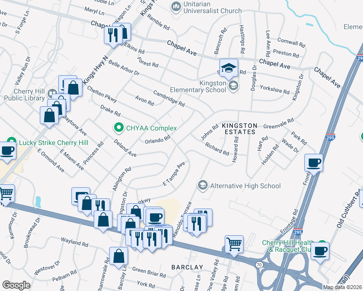 map of restaurants, bars, coffee shops, grocery stores, and more near 833 Kingston Drive in Cherry Hill