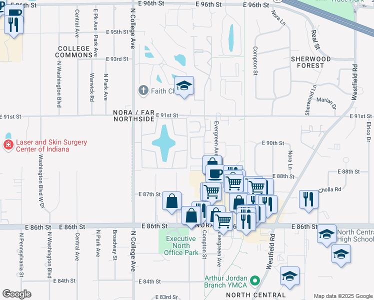 map of restaurants, bars, coffee shops, grocery stores, and more near 1848 Lake Nora South Court in Indianapolis