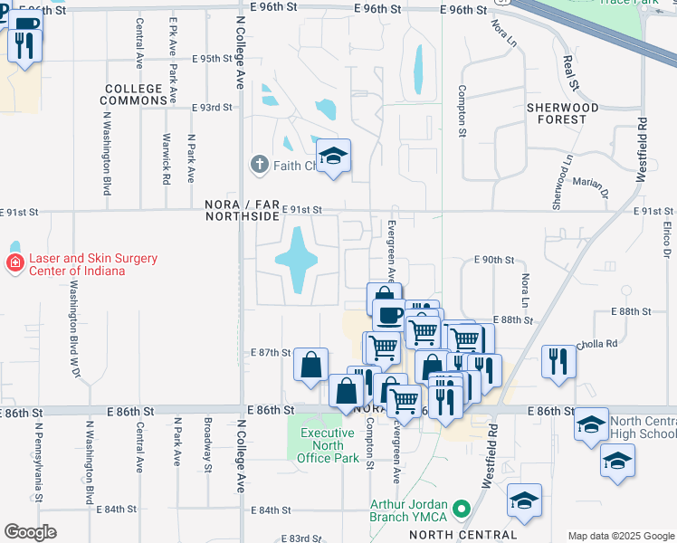 map of restaurants, bars, coffee shops, grocery stores, and more near 1848 Lake Nora South Court in Indianapolis