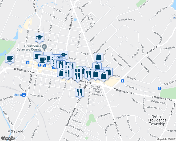 map of restaurants, bars, coffee shops, grocery stores, and more near 18 Manchester Avenue in Media