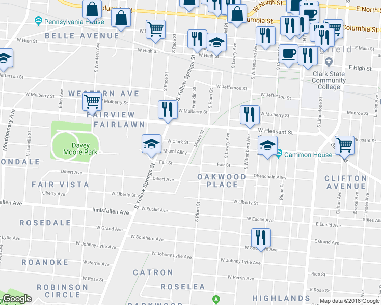 map of restaurants, bars, coffee shops, grocery stores, and more near 406 Miami Alley in Springfield