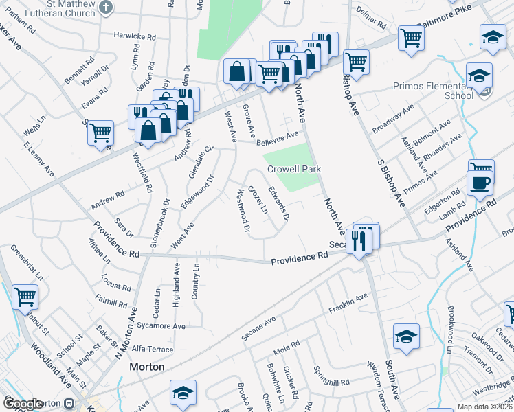 map of restaurants, bars, coffee shops, grocery stores, and more near 1017 Crozer Lane in Springfield