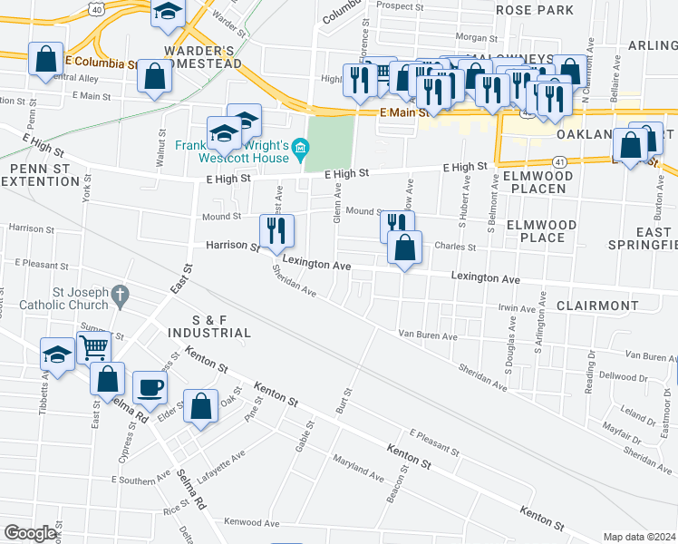 map of restaurants, bars, coffee shops, grocery stores, and more near 1501 Lexington Avenue in Springfield